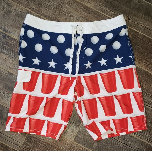 red white and blue mens swim trunks